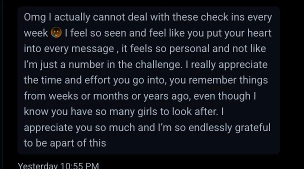 Client message about feeling seen and supported throughout the challenge