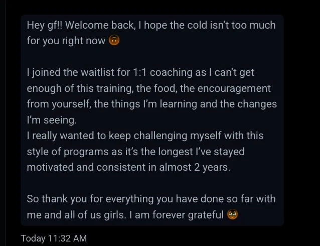 Client message about staying consistent for almost two years