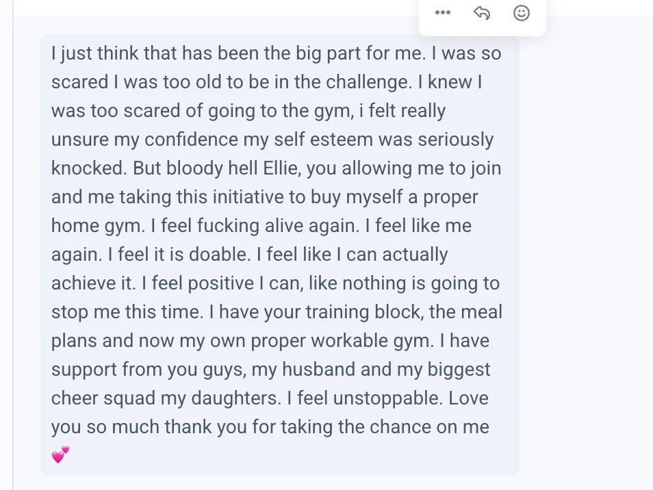 Client message about overcoming gym anxiety and feeling unstoppable