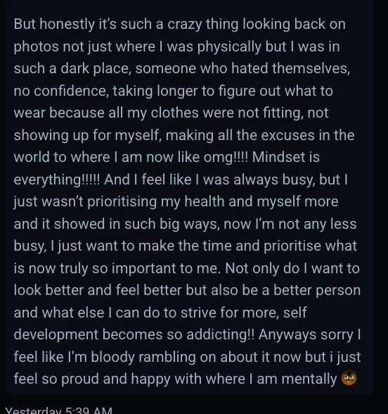 Client message about prioritising health alongside a busy schedule