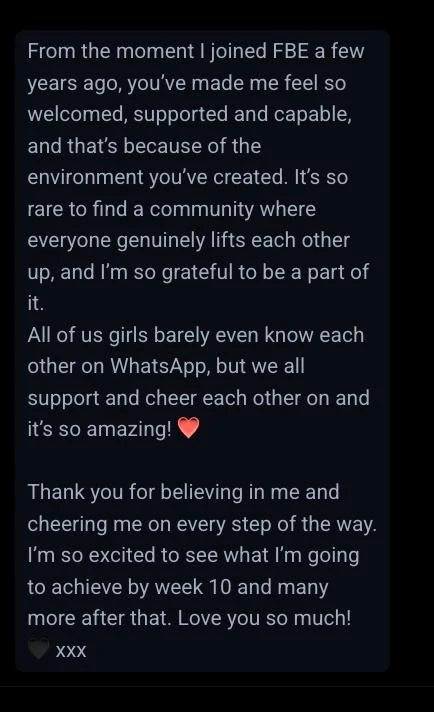 Client message about the community and support built over several years