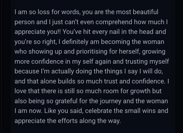 Client message about growing confidence and trust in themselves