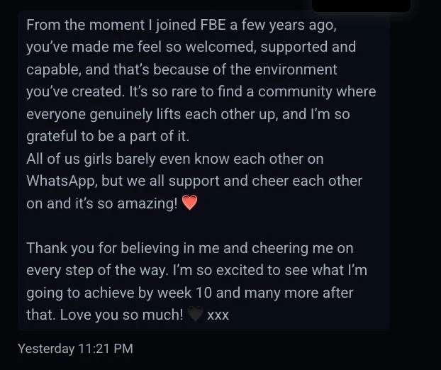 Client message about feeling welcomed and supported over several years