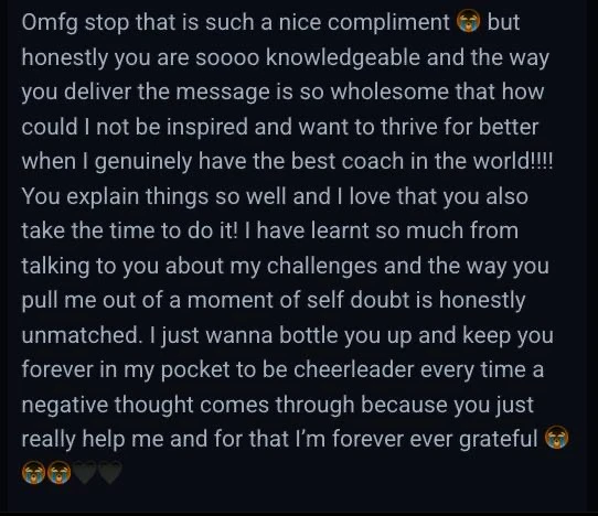 Client message about being pulled out of a moment of self doubt
